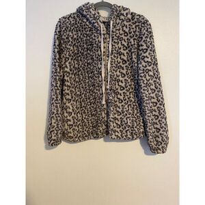 Bobeau Womens S Hooded Jacket Fuzxy Faux Fur Leopard Print Full Zip Warm Cozy